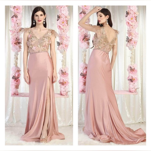 May Queen MQ1981 - 3D Floral V Neck Slit Gown in Dusty Rose - Picture 1 of 8